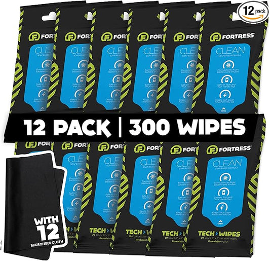 Fortress Electronic Wipes With Microfiber Cloth (25 ct, Pack of 12) To-Go Tech Wipes for Screens, Phones, Keyboards, TV Monitors, Computer Screens, and More [Travel Size] Skin-Safe
