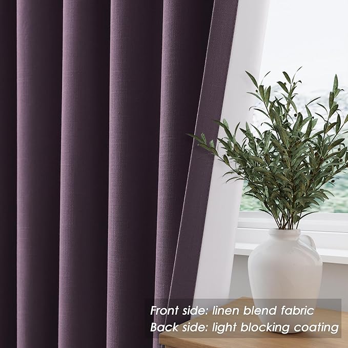 Nanspring Plum Linen Blackout Curtains 84 Inches Long Back Tab Rod Pocket Sound Absorbing Light Blocking 2 Panels Set for Dining Room Neutral Rustic Modern Farmhouse Curtains Drapes 52x84