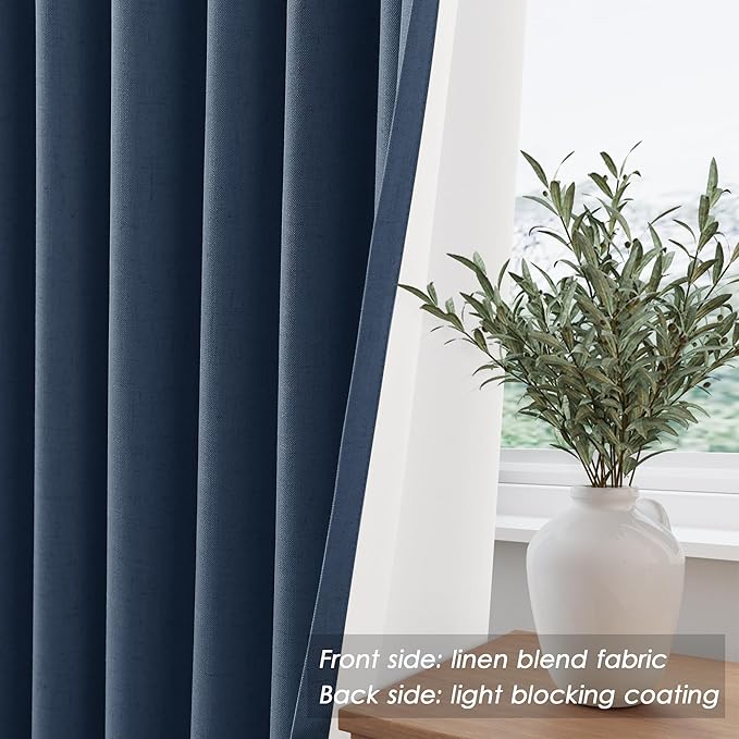 Nanspring Denim Blue Linen Blackout Curtains 84 Inches Long Loop Pocket Rod Pocket Flax Linen Sound Proof Total Blackout 2 Panels Set for Living Room Boho Farmhouse Curtains Drapes 52x84