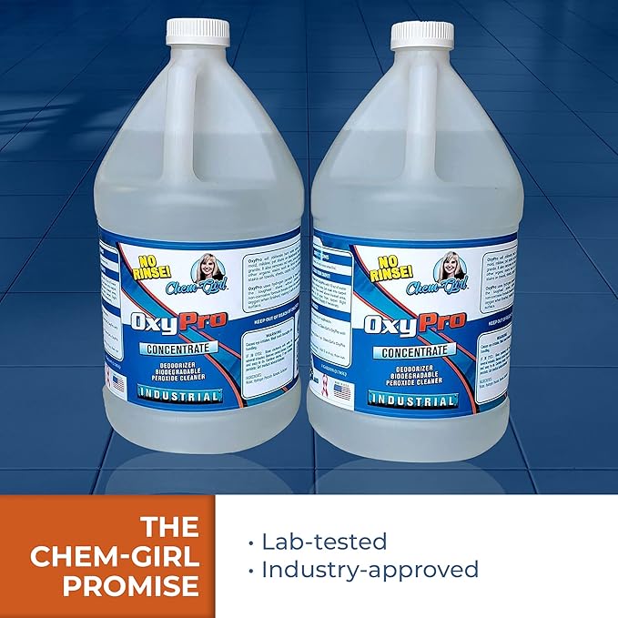 Chem-Girl OxyPro Concentrated Multi-Purpose Surface Cleaner to the Rescue - Chlorine-Free, Oxygen-Powered Stain & Odor Remover, 5 Percent Hydrogen Peroxide (H2O2), 1-Gallon, 2-Pack