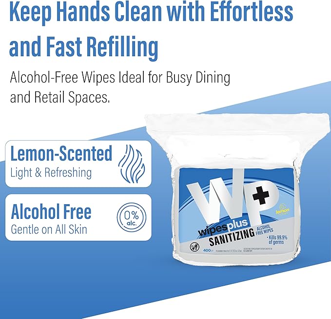 WIPESPLUS Hand Sanitizing Wipes Refill Bag Alcohol-Free Wipe for Restaurant and Retail, 1600 Count, (4 Packs of 400 Sheets)
