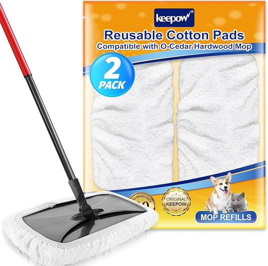 KEEPOW Reusable Mop Pads Compatible with O Cedar Hardwood Floor'N More Microfiber Mop, Mop Refill Heads Replacements for Wet and Dry Use, 15x8 Inch, 2 Pack