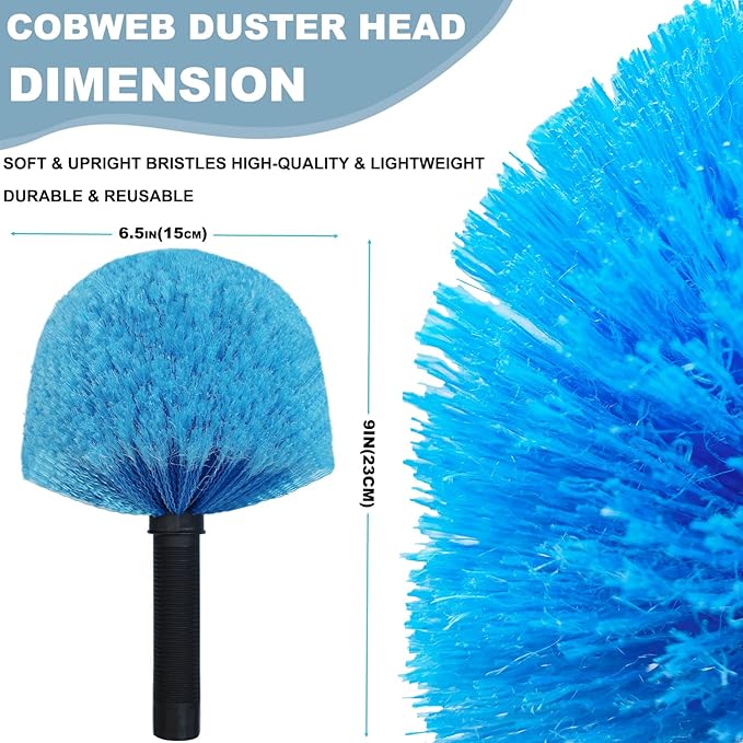 2 Pack Blue Twist-On Cobweb Duster Head Brush // Spider Web Brush for Outdoor & Indoor Web Cleaning // Fits Standard Acme Threaded Poles // Brush Head Only
