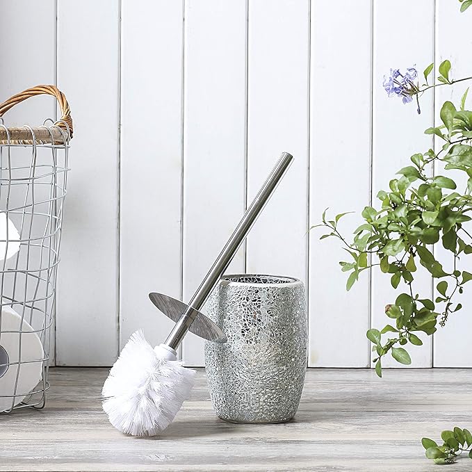 WHOLE HOUSEWARES Modern Toilet Brush Set (Silver) - Glass Mosaic Bathroom Accessory with Sturdy Bristles and Holder