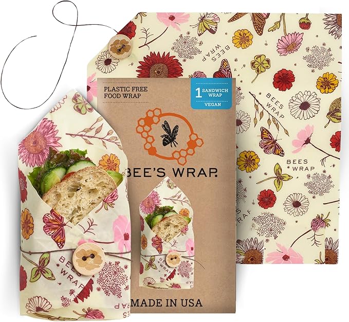 Bee's Wrap Vegan Beeswax Wraps for Food - Vegan Meadow Magic Sandwich Wrap - Made in USA Reusable Bread Bags - Organic & Eco-Friendly Alternative to Aluminum Foil, Sandwich Bags & Plastic Wrap