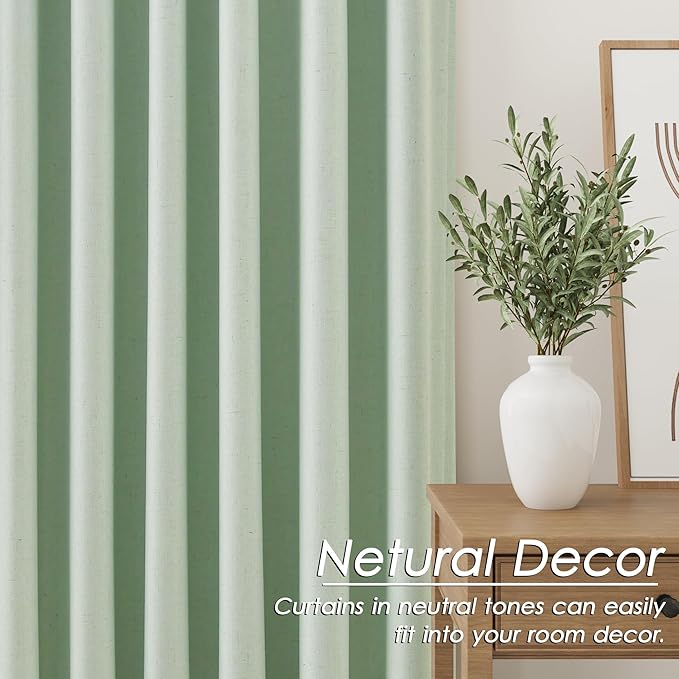 Nanspring Aqua Green Linen Blackout Curtains 96 Inches Long Back Tab Rod Pocket Heat Reducing Noise Cancelling Total Sun Blocking 2 Panels Set for Sliding Door Boho Farmhouse Curtains Drapes 52x96