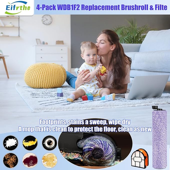 WDB1F2 Replacement Brushroll & Filte Bundle for Shark WD101 WD201 WD100 WD200 AW201 WD200C WD201C WD101C AW261 wd160 HydroVac XL 3-in-1 vacuum cleaner, compare parts WDB1, WDB2, WDFF1, WDFF2, WDB1F2