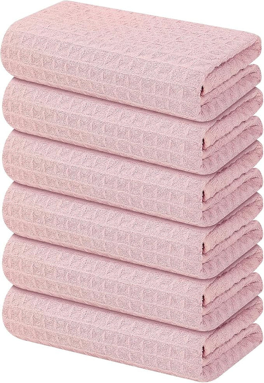 Homaxy Microfiber Waffle Weave Kitchen Towels, 16 x 28 Inch Ultra Absorbent and Solid Color Dish Towels, 6 Pack, Pink