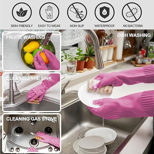 Mamison 2 Pairs Reusable Waterproof Household Dishwashing Cleaning Rubber Gloves, Non-Slip Kitchen Glove (Pink, Small (Pack of 2))
