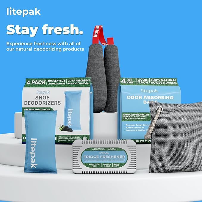 Litepak Shoe Deodorizer and Odor Eliminator Activated Charcoal Odor Absorber for Shoes and Gym Bags, Natural Bamboo Air Freshener for Boots, Closet Or Car (4 Pack)