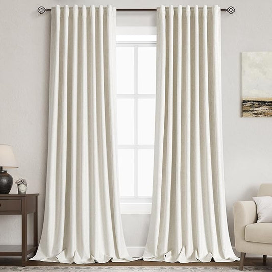 Beige White Linen Blackout Curtains 90 Inches Long Loop Pocket Rod Pocket Heat Reducing Noise Reducing Total Blackout 2 Panels Set for Sliding Door Boho Farmhouse Curtains Drapes 52x90