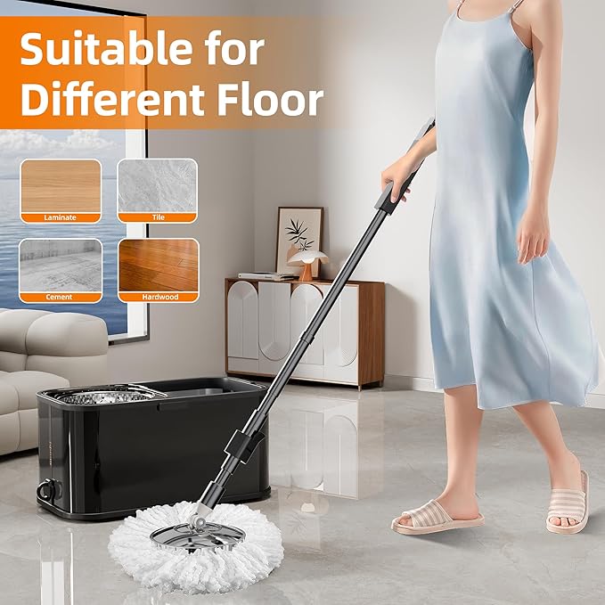 SWIFTIRON Stainless Steel Spin Mop and Bucket with Wringer Set for Home,360° Mop and Bucket with Separate Clean and Dirty Water,Wet Dust Mop for Floor Cleaning with Extra Refills (Black)