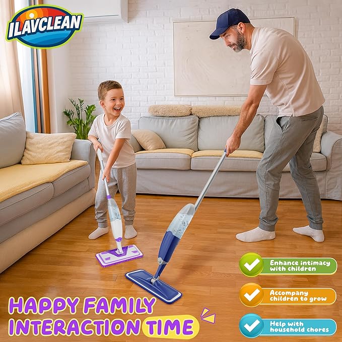 ILAVCLEAN 2 Set Toy Mop for Kids - Toddler Real Spray Flat Floor Mop Montessori Cleaning Toy Set, Educational and Fun Gifts for Boys and Girls Ages 4+