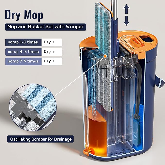 HoMettler Mop and Bucket Set with Wringer, 3-Tank Flat Mop and Bucket System, Wall Mop Cleaner with Long Handle, Hands Free Mops for Floor Cleaning with 8 Microfiber Pads