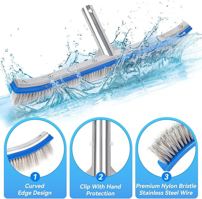 18-Inch Heavy Duty Pool Brush – Stainless Steel Wire & Nylon Bristles, Curved Edge Design for Easy Cleaning – Pool Brush Head for Inground & Above Ground Swimming Pools