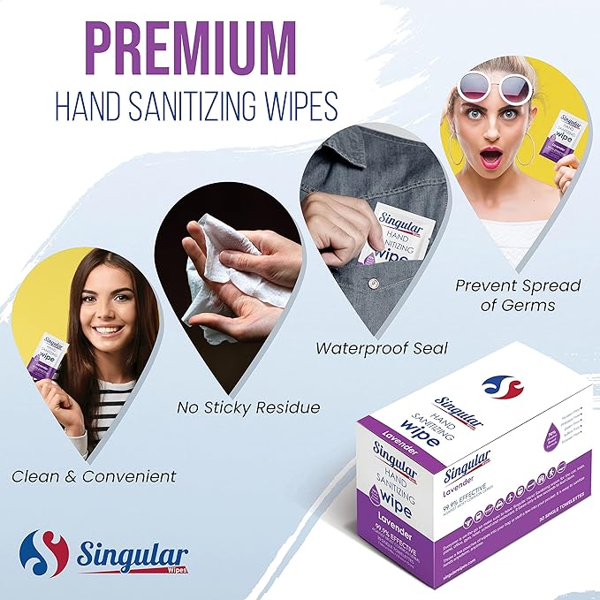 Hand Sanitizing Wipes Travel Size by Singular Wipes – 30ct Individually Wrapped | Lavender Scent, Moisturizing, 70% Alcohol Wipes | Travel, Office, School, Home | Made in USA