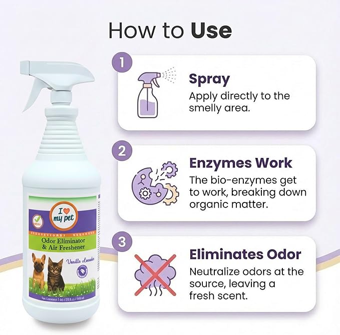 I Love My Pet Odor Eliminator Spray and Air Freshener for Strong Pet Odors – Neutralizes Dog and Cat Urine on Fabrics, Carpets, Pet Beds – 32 oz Vanilla Lavender