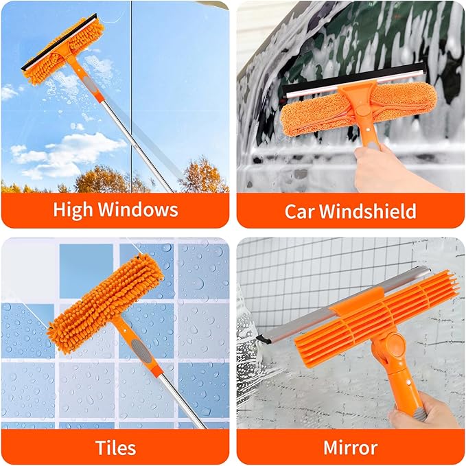 PHABULS Window Washing Kit with Extension Pole, 73’’ Window Cleaning Squeegee Kit, 3 in 1 Window Cleaning Kit with 2 Microfiber Pads & 2 Chenille Pads for Indoor Outdoor Windows