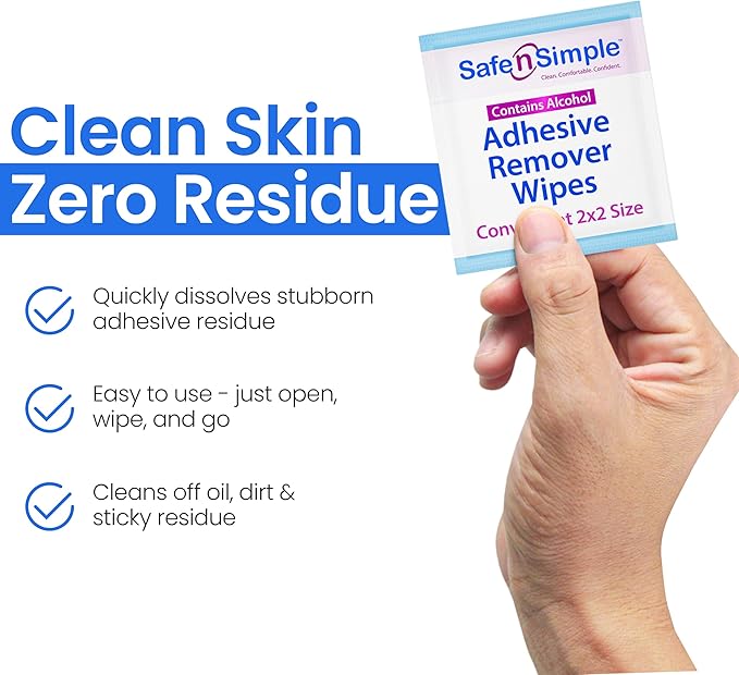 Safe n' Simple Adhesive Remover for Skin - 2”x2” 50 Packets - Adhesive Remover Wipes - Adhesive Remover Wipes Alcohol - Medical Isopropyl Alcohol Cleansing Pads Individually Wrapped