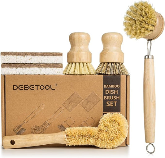 DEBETOOL 6 Piece Bamboo Dish Brush Set with Coconut Sponge - Wooden Dish Brush with Sisal and Palm Fiber, Natural Bamboo Dish Scrub Brush for Kitchen Cleaning Dishes, Pots, Pans, Bottles, Vegetables