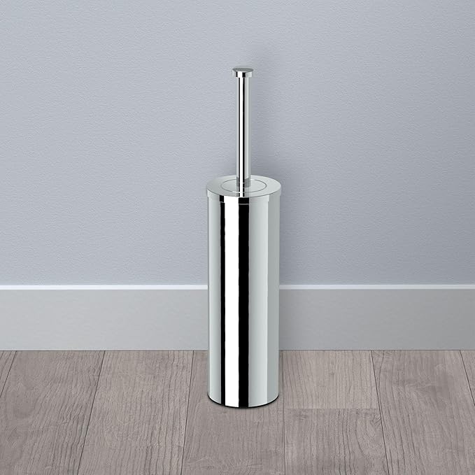 Gatco Modern Round Waste Basket and Toilet Brush Set, Chrome - Stainless Steel Trash Can with Removable Lid, Leakproof, 3 Gallon Capacity for Bathroom, Bedroom, Kitchen, or Office