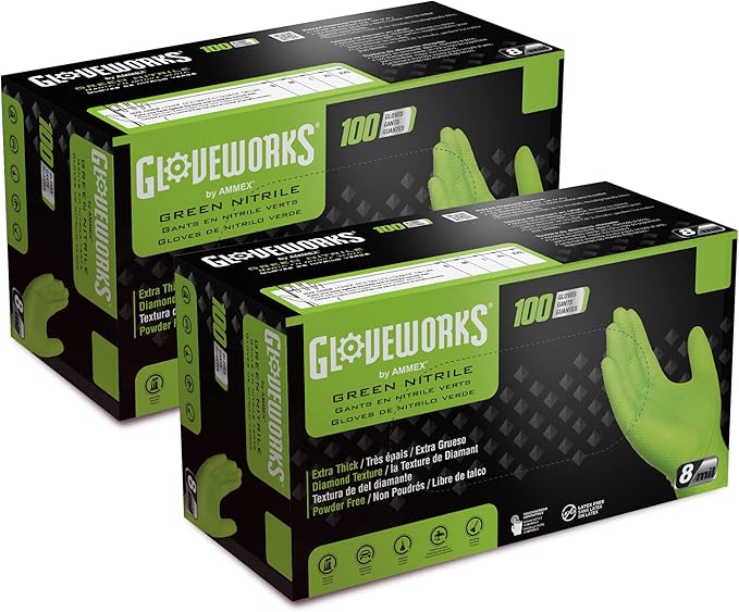 GLOVEWORKS HD Green Nitrile Gloves, 8 mil Nitrile Gloves Medium-XXL Sizes, Nitrile Disposable Gloves with Raised Diamond Grip