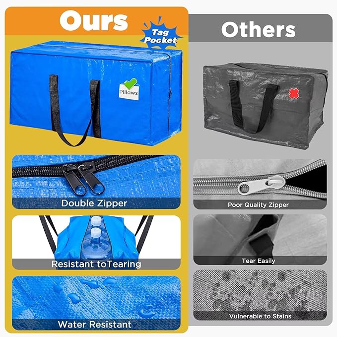 BETU Extra Large Moving Bags Heavy Duty Storage Bags with Zipper Handles, 10 Pack Clothes Storage Totes Bins Packing Moving Boxes, Moving Supplies for College Dorm Essentials, Space Saving, Blue