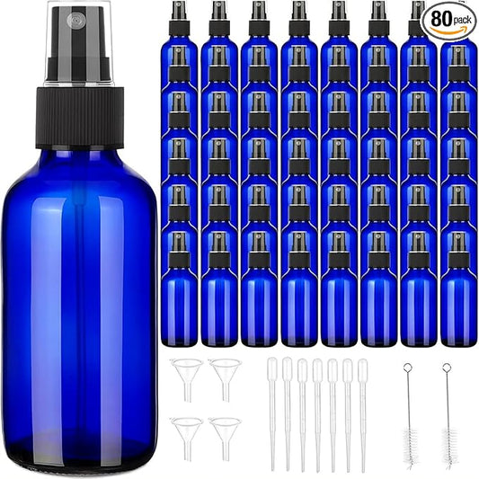 80 Pcs 2 Oz Glass Spray Bottles Fine Mist Spray Bottle Refillable Cosmetic Bottles Empty Small Bottle for Essential Oils Travel Cleaning Solutions Featuring Accessories (Blue)