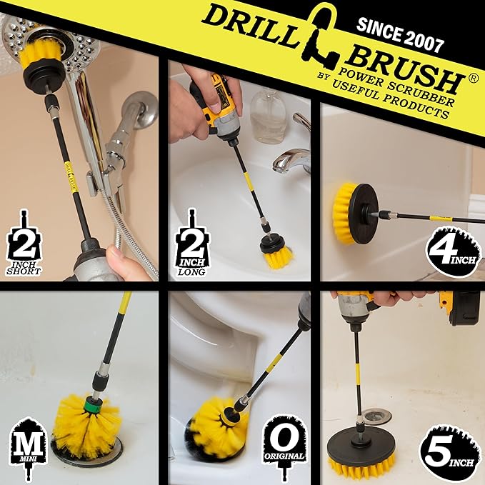 Drillbrush Ultimate Yellow Cleaning Tools - Drill Brush Attachment for Bathroom, Shower, Tub, Tile, Grout, Toilet, and Sink - Bathroom Scrubber Cordless Drill Attachment - Shower Detailing Brush Set