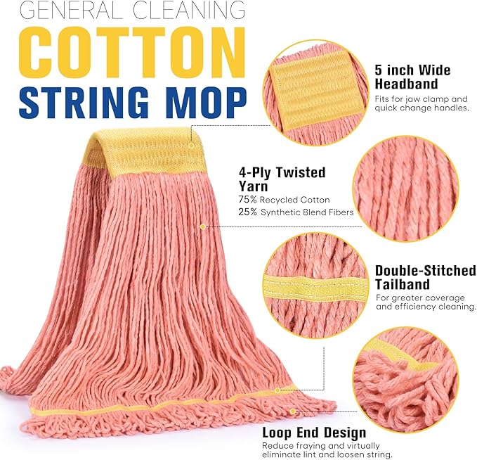 Matthew Cleaning Commercial Mop Head Replacement, 5 Inch Wide Headband, Looped End Cotton Blend String Wet Mops for Floor Cleaning, 18 oz Medium, 6-Pack Orange