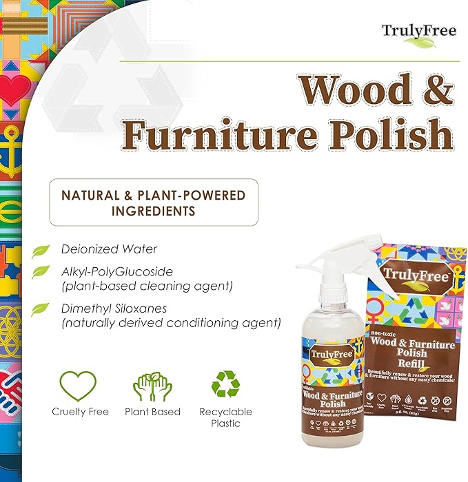 Truly Free Natural Wood Cleaner & Furniture Polish - Leather Cleaner, Vinyl, Furniture & Wood Polish, Helps Remove Water Stain, Unscented - Includes: 1 Refillable Empty 12oz Bottle & 1 Refill(3 fl oz)