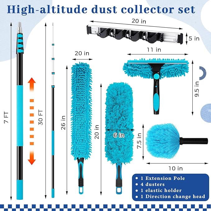 Acellegic 36ft High Ceiling Duster Kits with 7-30ft Extension Pole Heavy Duty, Ceiling Fan Duster and Feather Cleaner, Cobweb Remover & Blue Window Squeegee Kit, Household Cleaning Supplies