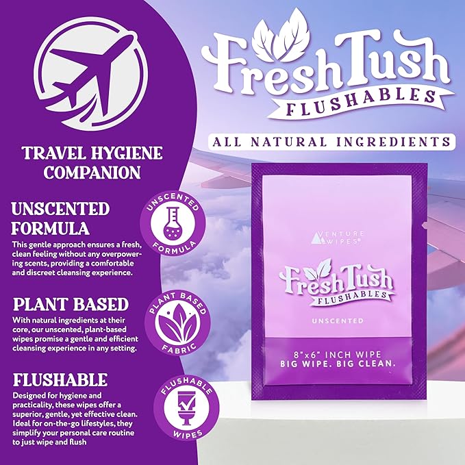 Venture Wipes FreshTush Flushables Unscented - Premium Quality Personal Cleansing Wipes - Gentle on Sensitive Skin - Hygienic & Portable - Ideal for On-The-Go and Daily Use - 30 Count