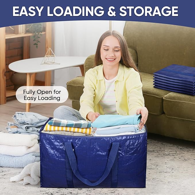 TICONN 6 Pack Extra Large Moving Bags with Zippers & Carrying Handles, Heavy-Duty Storage Tote Moving Boxes for Space Saving (6 Pack, Navy)