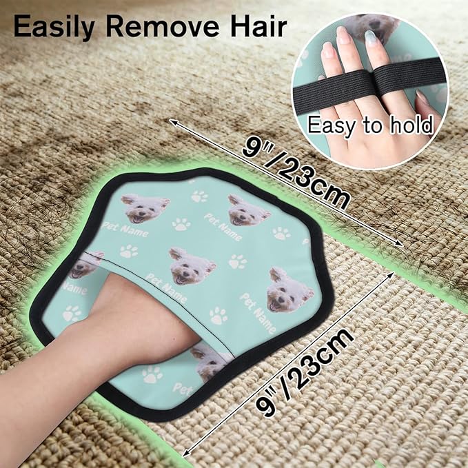 Personalized Pet Hair Remover Glove for Dogs & Cats - Custom Photo & Name Magic Brush for Dog Cat Hair Removal, Reusable Electrostatic Pet Hair Gloves for Furniture Carpet Couch, Face Paw Cyan