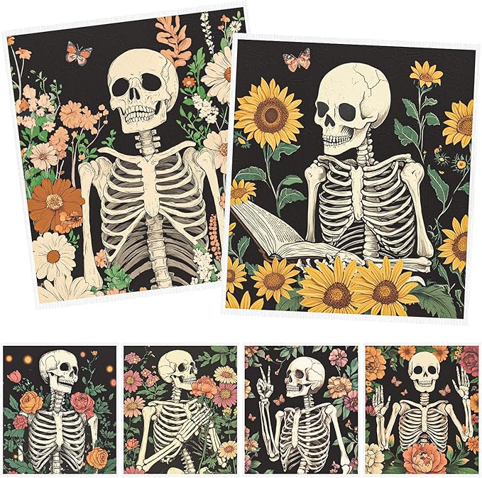Floral Skull Swedish Dishcloths for Kitchen - 6PCS Gothic Skeleton Swedish Cloths for Washing Dishes Reusable Goth Dish Towels Washable Cleaning Sponge for Home Cleaning Party Fast Drying