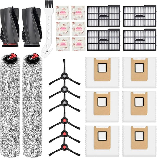 26 Count Replacement Kit for Eufy E25 / E28: 1 Pair Main Brushes, 2 Roller Mops, 4 HEPA Filters(Right), 6 Side Brushes, 6 Dust Bags, 6 Scented Tablets (for Dust Bag Odor Control) + Cleaning Brush