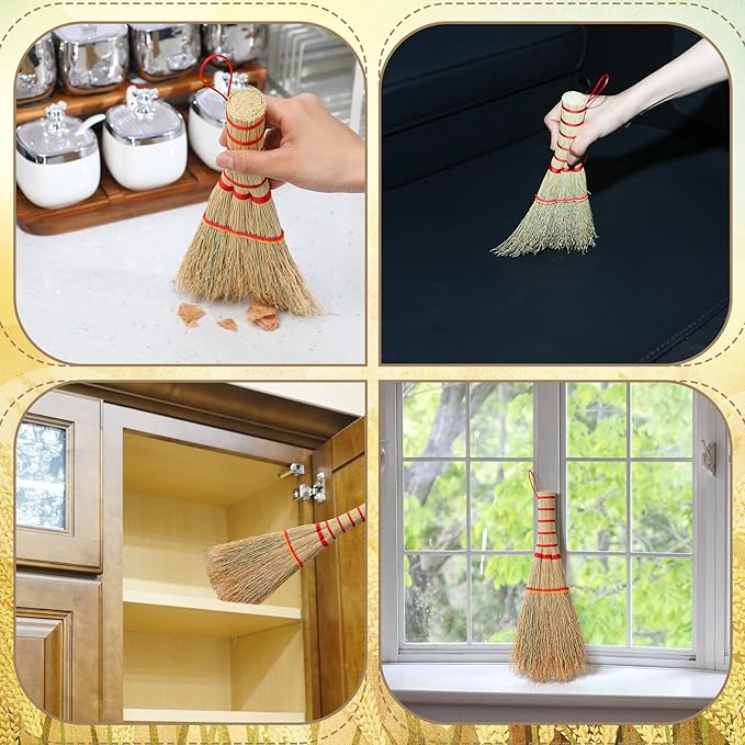 Suclain 2 Pcs Small Corn Whisk Brush Broom 100% Handmade 12 Inch Handheld Brush Whisks Natural Corn Short of Asian Whisk Broom with Nylon Thread Handle for Household Sweeping Indoor Outdoor(Style A)