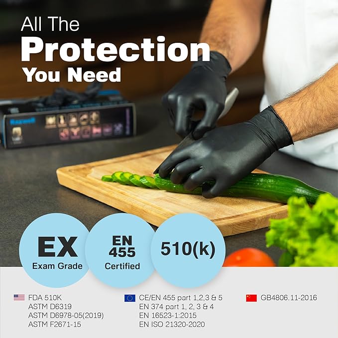 Raxwell Heavy Duty Disposable Gloves Latex Free | 5.5 Mil Black Nitrile Gloves | Powder Free Chemical Resistant Gloves