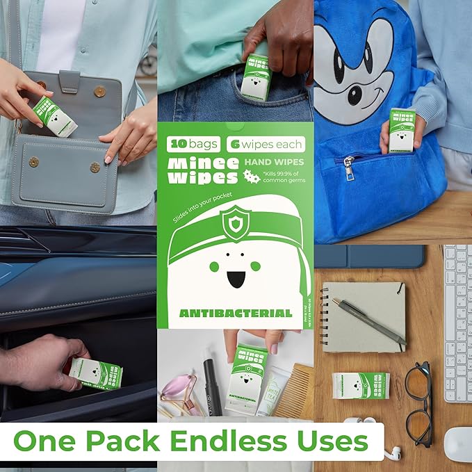 Impossibly Compact Travel Antibacterial Wipes Hand Sanitizer - 99.5% Water and Aloe - Safe for Sensitive Skin & Hypoallergenic Hand Wipes - Travel Essentials For Adults & Kids, 60 Pack Total 360 Wipe