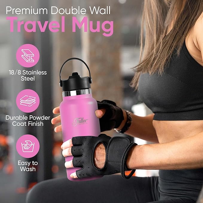 Fuller Stainless Steel Water Bottle with Straw Lid – BPA-Free, Sweat-Proof, Leak-Proof Travel Mug – Double Wall Insulated for Hot & Cold Drinks – Carry Handle (Bright Pink, 32 Oz.)
