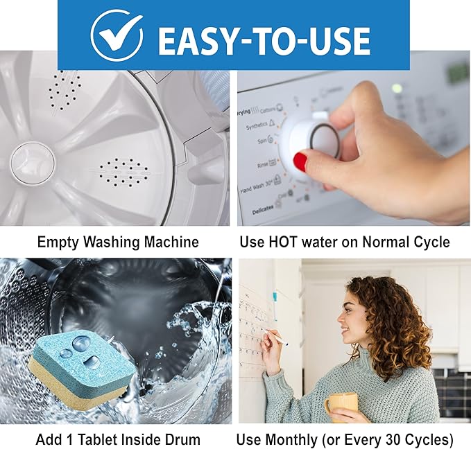 SANI 360° Washing Machine Cleaning tablets, 12 pack is Formulated with Enzyme, Deep Cleans and Deodorizes Front and Top Loading Washers use up to 1 year supply Lemon Scent