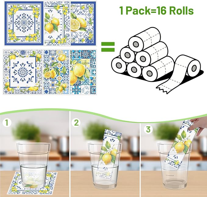 Blue Tiles Lemons Swedish Dishcloths, 6 Pack Reusable Swedish Dish Cloths for Kitchen, Washable Absorbent Dish Towel Rag Set Cellulose Sponge Cloths Housewarming Gifts