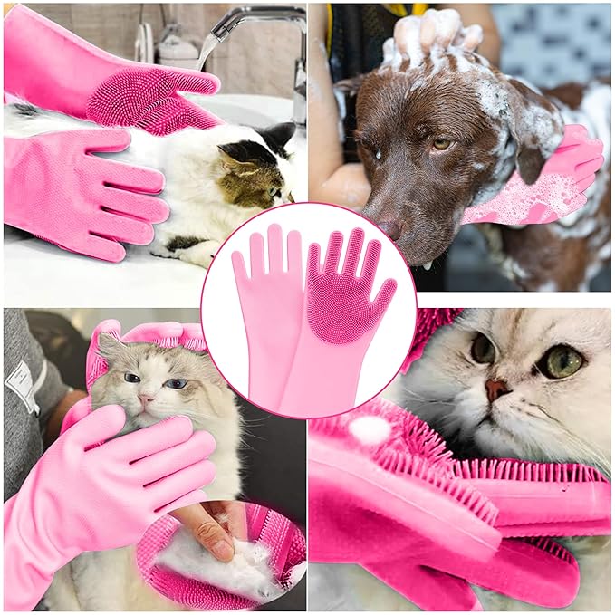 ZENELANEP Pet Grooming Gloves, High-Density Silicone Gloves with Enhanced Five Finger Design for Bathing and Massaging Dogs and Cats (Pink)