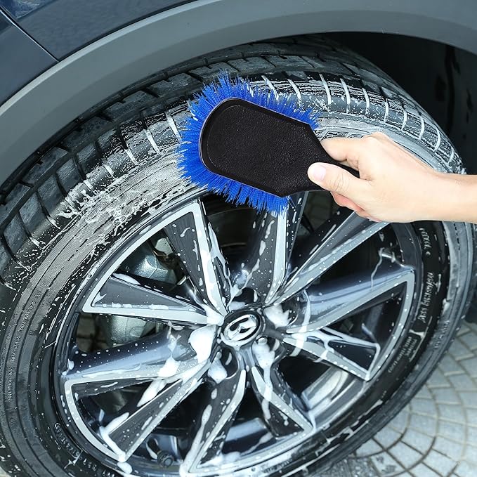 TAKAVU Short Handle Wheel Tire Brush & Included Detail Brush - Car Cleaning Kit for Rims, Tires, Interior Vents, Emblems - Scratch-Safe (Blue - Stiff Bristle)