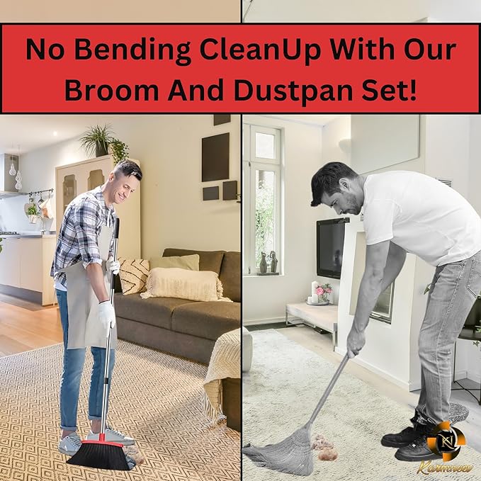 KARMNEEV Standing Broom and Dustpan Set, Built-in Scraper Teeth, No-Slip Grip, Dust Collection Tray for Home, Office, Lobby, and Outdoor, Adjustable Handle from 38.18" to 52" (Black and Red)