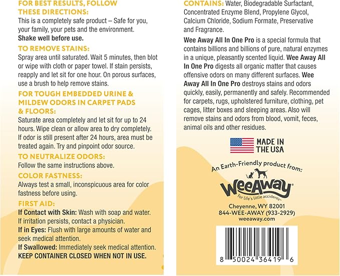 Wee Away Pet Stain and Odor Remover Spray, Biodegradable Enzyme Cleaner for Dog and Cat Urine, Poop, Diarrhea, & Vomit, For Carpets, Upholstery, Cages, Litter Boxes (32 oz) (Lemon Verbena)