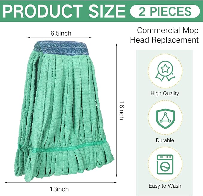 Lallisa 2 Pcs Commercial Mop Head Replacement 18 Oz Tube Microfiber Mop Heads for Floor Cleaning Industrial Mop Heads Looped End Wet Mop Head Refill for Home Commercial Industrial Use (Green)