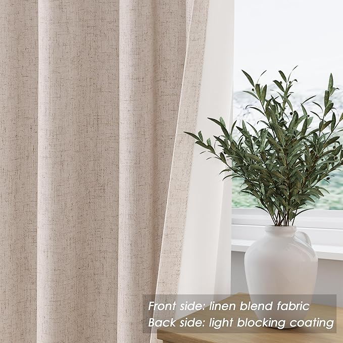 100% Blackout Linen Curtains 90 inch Length 2 Panels for Living Room Loop Pocket Pinch Pleated Black Out Drapes Oatmeal Heat Reducing Total Blackout Window Curtains for Bedroom 90 inches Long