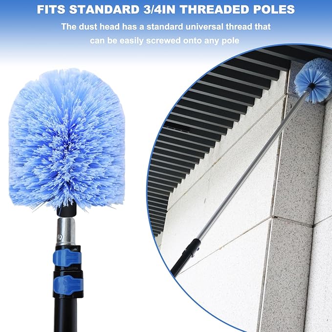 2 Pack Big Cobweb Duster Head Twist-On Spider Web Fuster for Outdoor & Indoor Web Cleaning // Fits Standard 3/4 Inch Threaded Poles // Cobweb Duster Brush Head Only - Bule